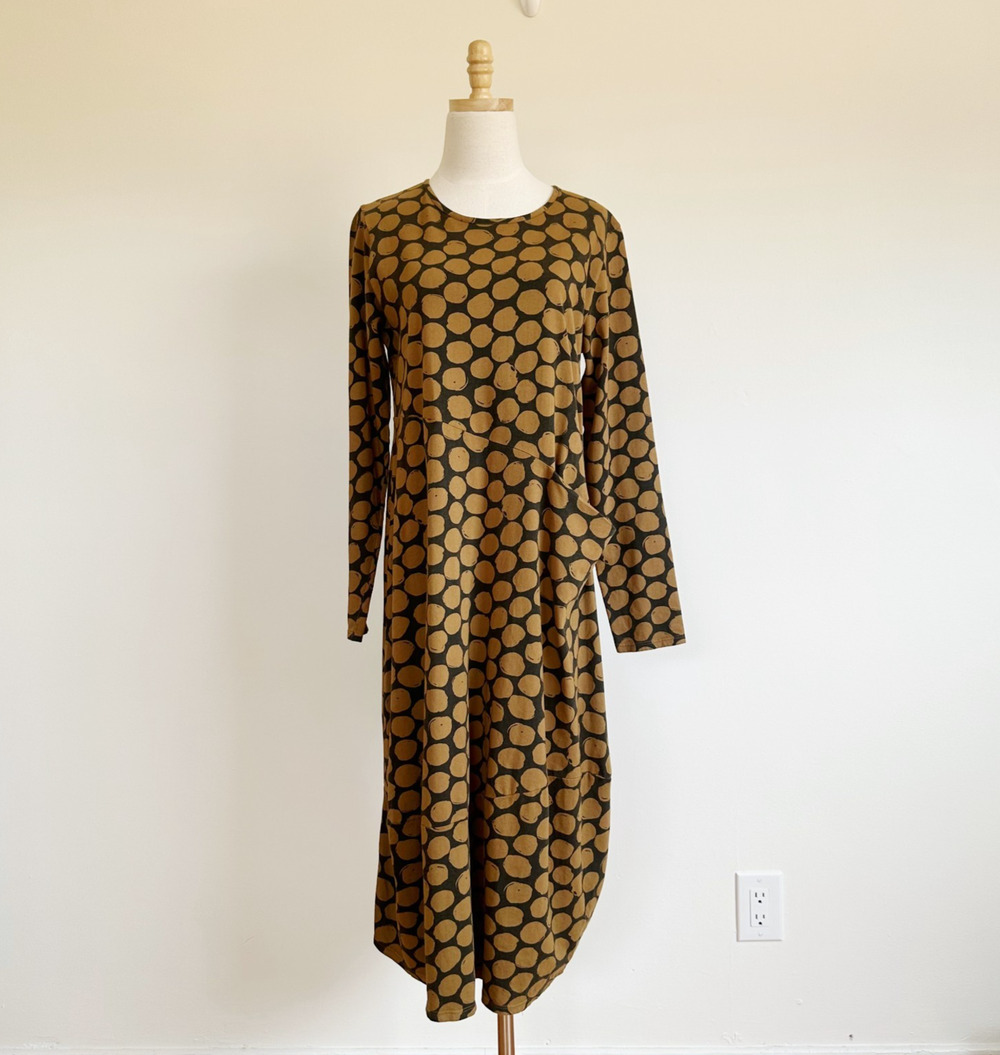 Fenini Midi Bubble Dress Size M Lagenlook Polkadot Art To Wear Earthy Cotton USA